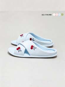 1 Pair Soft & Healing Cherry Embroidery Cross Linen Slippers, Milky White Base With Delicate Cherry Embroidery, Gentle And Youthful, Comfortable Choice For Spring/Summer Home, Bedroom Or Living Room, Girly, Home Essential, Soft Girl Must-Have - Cherry Slippers - View 7