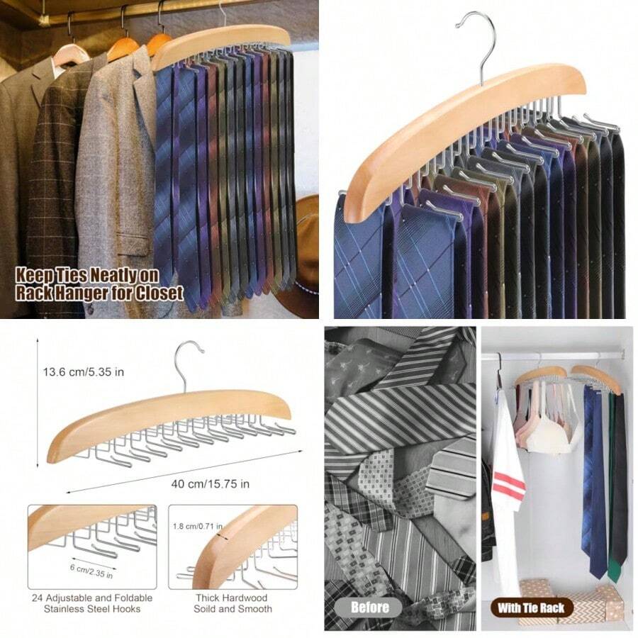 percha de ropa de corbata para clóset, organizador giratorio de 360 grados con 24 ganchos plegables, organizador de corbata de madera para hombre, almacenamiento para cinturones, camisetas sin mangas, - Madera natural - Ver 1