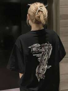 Vintage Camiseta de manga corta con estampado gráfico 7 oversize para mujer, ropa de verano de modaFashion   Cuello Redondo Algodón 100% Tejido Suave Manga Corta Transpirable y Fresca - Negro - Ver 5