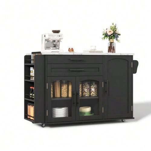 Mobile Kitchen Island With Folding Worktop, Kitchen Trolley, 5 Wheels, Multiple Storage Compartments, Spice Rack, Cutlery Drawer, 120 X 45 (70) X 90 Cm - Black - View 1
