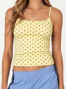 Women Polka Dot Print Square Neck Cami Tank Top - Yellow - View 3