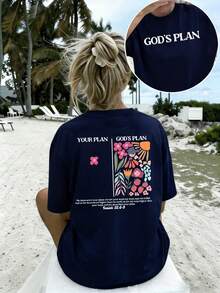 Vintage Women's Round Neck T-Shirt With Double-Sided Print, "God's Plan, Your Plan" (Isaiah 55:8-9), Floral Pattern T-Shirt, Casual Christian Faith Top, Soft And Lightweight Women's T-Shirt, Religious Gift, Breathable And Stylish. - 紅色 - 查看 9