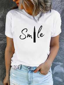 Camiseta de algodón puro para mujer, de manga corta y estampada, moderna y casual, lavable a máquina, de ajuste cómodo. - Blanco - Ver 6