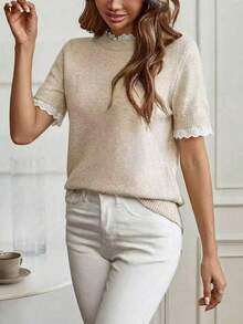 Solid Color Soft Knit Short Sleeve Top, Lace Trim Design, Loose Fit Flattering Short Style, Versatile For Spring/Summer Daily Wear - Apricot - View 6