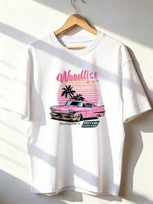 Camiseta con Coche Clásico Rosa y Palmeras al Atardecer,Camiseta de manga corta de moda para primavera y verano de 2026, hecha en México, 180 gramos. Estampado de dibujos animados, modelo de pareja, apta para uso interior o exterior. Cuello redondo, unisex, ideal para oficina y ocio. Paquete de una pieza. - WH-P631577SLNDXZGY502 - Ver 1