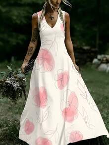 Women's Summer Dress, Off-White Pink Ink Line Floral Print Sleeveless Maxi Dress, Gentle Art Style Drapey Long Skirt - 彩色 - 查看 1