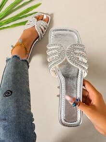 New Spring/Summer Fashion Casual Strap Slide Sandals, Comfortable Flat Heel Round Toe Beach Slippers, Versatile Minimalist Slip-On Sandals For Women - Silver - View 2