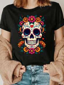 disfraz halloween hombre1pc Blusas de mujer Ropa de mujer Hermosas blusas para mujer Blusas hermosas para mujer Calavera floral 180G Blanco y negro Camiseta con estampado de calavera de azúcar Cuello redondo de alta calidad Corte holgado básico Transpirable Versátil Lavable a máquina Talla cómoda S ~ 3XL Esencial para uso diario, casual y deportivo en verano.playera de hombretwilight Y2k Camiseta Camisa De - Negro - Ver 1
