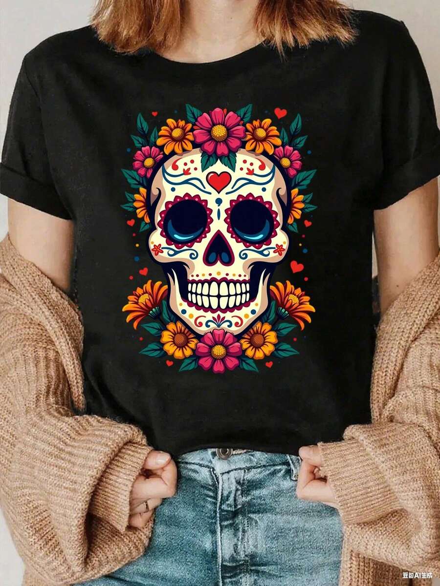 disfraz halloween hombre1pc Blusas de mujer Ropa de mujer Hermosas blusas para mujer Blusas hermosas para mujer Calavera floral 180G Blanco y negro Camiseta con estampado de calavera de azúcar Cuello redondo de alta calidad Corte holgado básico Transpirable Versátil Lavable a máquina Talla cómoda S ~ 3XL Esencial para uso diario, casual y deportivo en verano.playera de hombretwilight Y2k Camiseta Camisa De - Negro - Ver 1