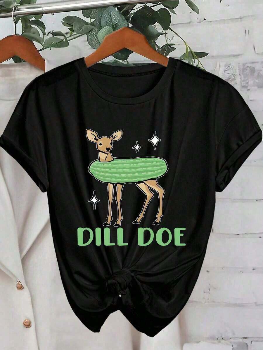 Camiseta de mujer de manga corta con cuello redondo y estampado gráfico de humor negro ofensivo de verduras divertidas de pepinillo de eneldo Blusas Bonito 100% Cotton - Negro - Ver 1