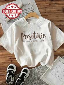 Women's 'Positive Life Vibes' Graphic T-Shirt - Casual Crew Neck Short Sleeve T-Shirt With Inspirational Quote, Black With Pink Lettering, For Casual Wear, 100% Cotton Blouses, Pretty 100% Cotton - 白色的 - 查看 8