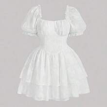 MOD Plus Size Ruched Bust Puff Short Sleeve Jacquard Dress,Valentine Day,Graduation Dress,Birthday Dresses For Women - Blanco - Ver 2
