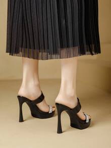 Qiluyuan Sandalias deslizantes de moda para mujer, nuevas sandalias de verano de lujo francés con cristales, plataforma gruesa, tacón alto, punta abierta, adecuadas para fiestas y citas casuales - Negro - Ver 8