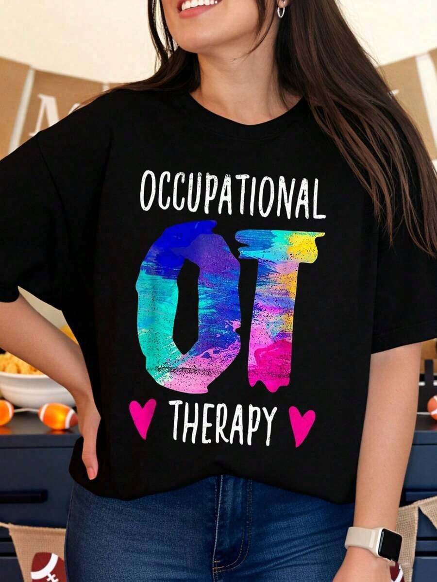 Occupational Therapy T-Shirt For Occupational Therapists And Students With Colorful Design And Heart Symbols, Perfect For Work Or Casual Wear - 黑色 - 查看 1