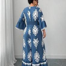 Elenzya Plus Size Blue & White Elegant Fitted Shirred Print Cinched Waist Jumpsuit - Azul y blanco - Ver 3