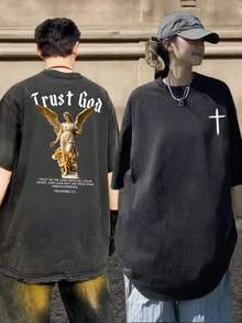 Unisex Vintage Washed Black Short-Sleeved T-Shirt With A Print, Featuring Faith In God, Angel, Cross, Bible Verse, Christian, Jesus, Forgive Them, Father. Vintage Washed Gothic Style Short-Sleeved Loose-Fitting T-Shirt For Men And Women - Unisex Cotton Short-Sleeved Crew Neck Urban Vintage Style T-Shirt. - 黑色 - 查看 5