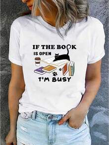 Camiseta casual de mujer con estampado de gato leyendo - Blanco - Ver 6