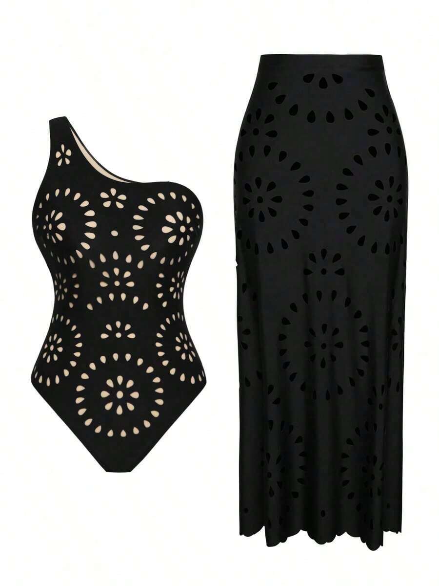 Swim Oasis Conjunto de 2 piezas de traje de baño de un hombro bandeau de unicolor con cortes láser y falda larga calada con cortes láser para mujer, ajuste ceñido, primavera/verano - Negro - Ver 1