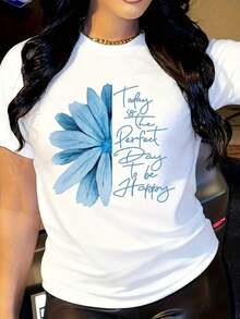 Camiseta de Mujer con Frases Inspiradoras, Estampado de Margaritas Azules, Camiseta Suave, Estilo Casual, Manga Corta, Top de Verano a la Moda - Blanco - Ver 1