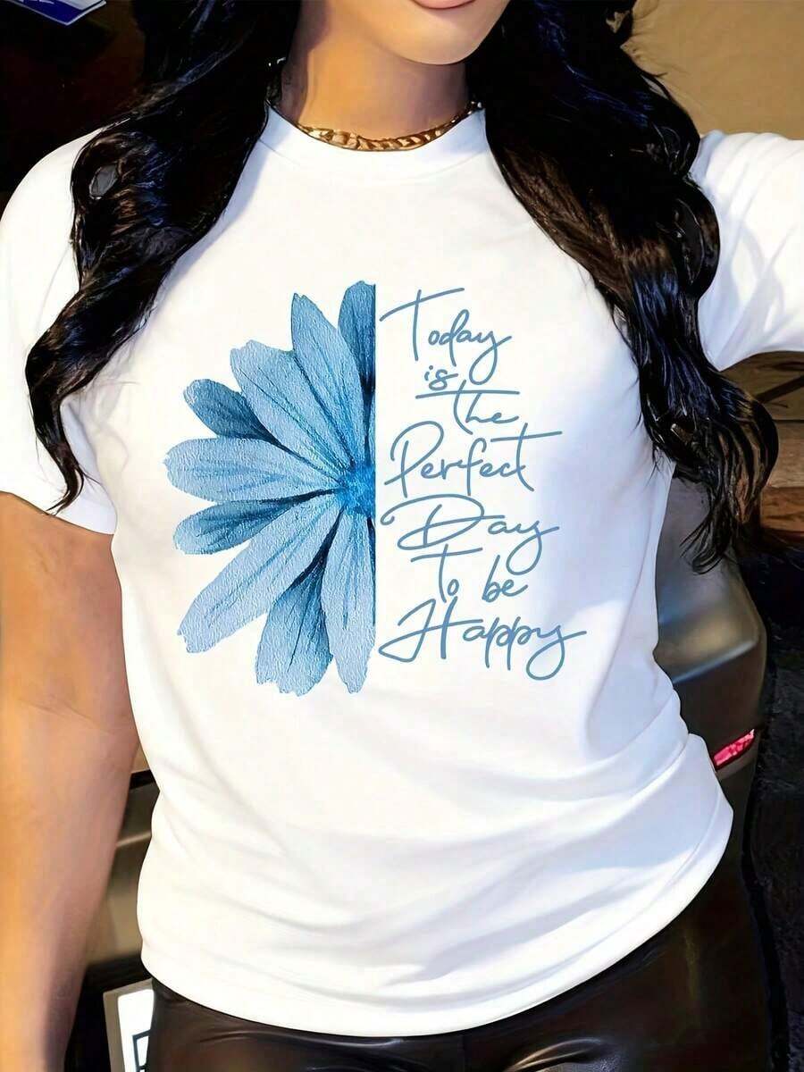 Camiseta de Mujer con Frases Inspiradoras, Estampado de Margaritas Azules, Camiseta Suave, Estilo Casual, Manga Corta, Top de Verano a la Moda - Blanco - Ver 1