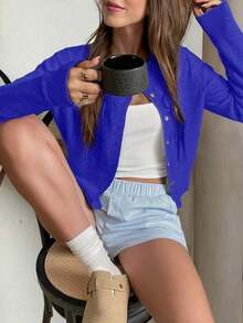 Cárdigan de punto con cuello redondo y diseño retorcido para mujer, chaqueta de suéter de color gris claro sólido y casual, blusa de primavera - Azul - Ver 2