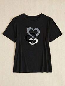 Cute Premium Unisex Casual T-Shirts, Women's Slim Fit Short Sleeve Casual T-Shirt With Heart Print, Men's And Women's Short Sleeve Casual T-Shirts - 黑色 2 - 查看 4