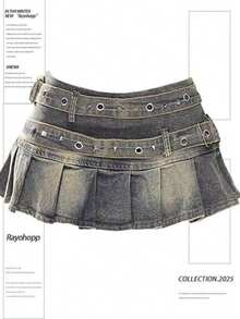 New Women's Denim Mini Skirt, American Retro Style, Plus Size, Stonewashed, Pleated, Double Belted, A-Line Cut, Flattering Design, Perfect For Casual, Daytime And 'hot' Style Looks - 復古色 - 查看 7