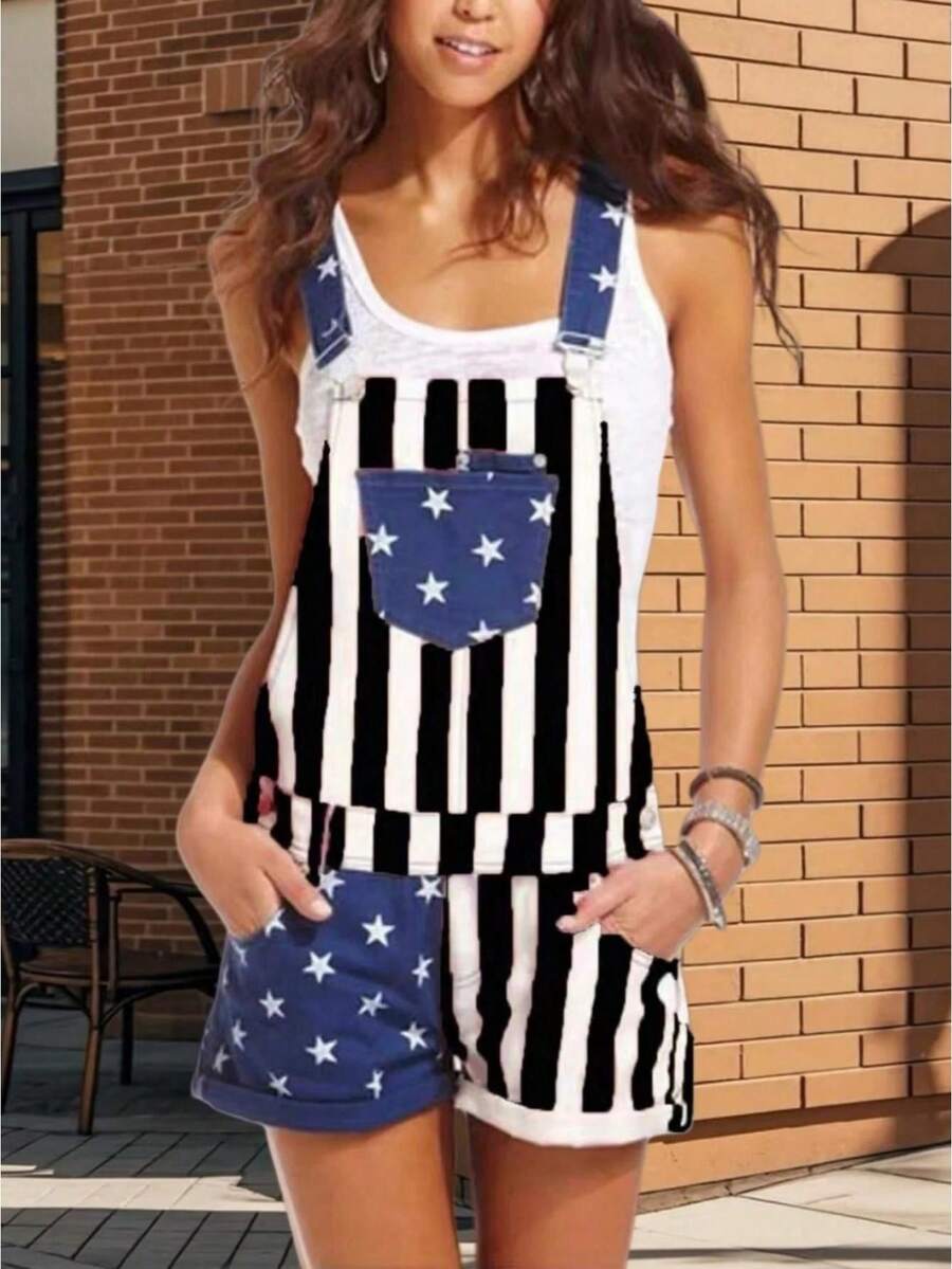 Women's American Flag Overalls Jean Shorts Cotton Summer Rompers 4th Of July Patriotic Jumpsuit Outfit Casual Adjustable Bibs Denim Overalls Color Block Stripe Star Print Suspender Shorts With Pockets Independence Day Outfit - Azul - Ver 1