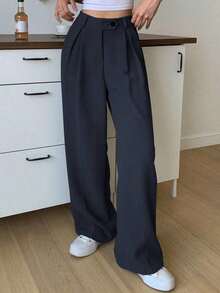 1 pieza Pantalón de vestir de cintura alta con bolsillos en diagonal, atuendo de negocios para mujer - Azul marino - Ver 1