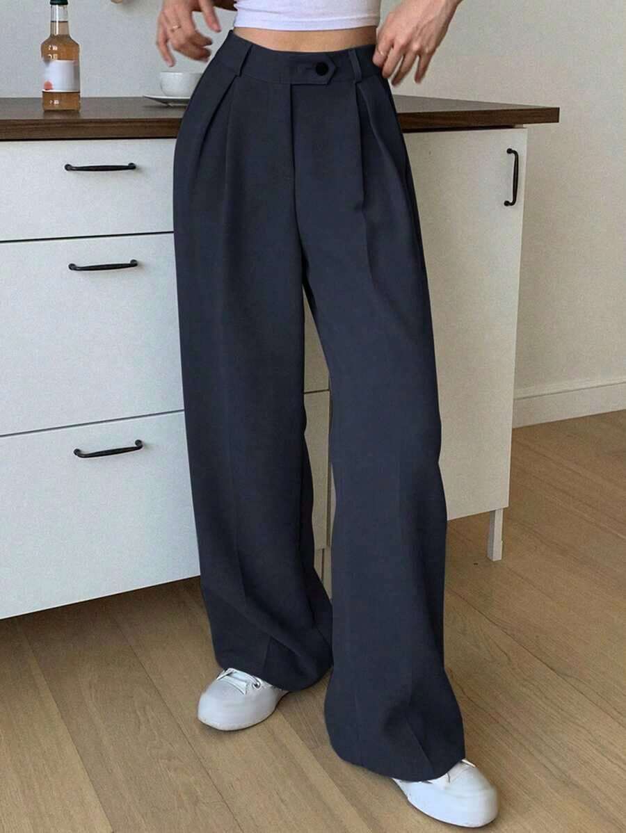 1 pieza Pantalón de vestir de cintura alta con bolsillos en diagonal, atuendo de negocios para mujer - Azul marino - Ver 1