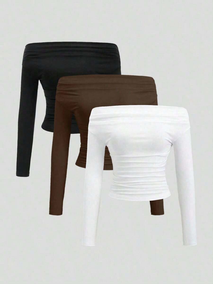 Conjunto de 3 piezas para mujer: Blusa de manga larga hombros descubiertos, blusas cortas entalladas, cómodas y amigables con la piel, versátil y estilizador - Multicolor 3 - Ver 1
