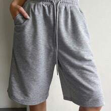 Women's Solid Color Drawstring Waist Pocket Loose Casual Shorts - Gris Claro - Ver 6