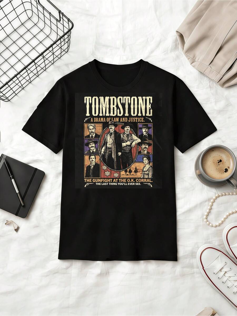 Ombstone 1993 Western Film Graphic Tee Wyatt Earp Doc Holliday Movie T-Shirt - Black - View 1