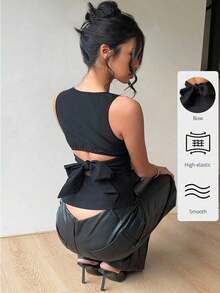Blusa sin mangas con cuello redondo y lazo en la espalda, para uso casual y de oficina - Negro - Ver 8