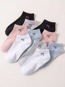 1/5/10/15/20 Pairs Women Solid Color Bow Decor Simple Daily Fashion Short Socks - Multicolor - View 4