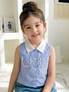 Girls' Academy Style Blue & White Striped Shirt With Beaded Pocket, Back To School Outfit - Baby Blue - View 4