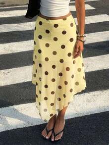 Falda semitransparente con estampado de lunares y bajo asimétrico, estilo vintage de playa y vacaciones para mujer, primavera/verano - Amarillo - Ver 3