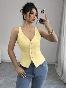 Camiseta sin mangas de un solo pecho de unicolor casual para mujer - Amarillo - Ver 8