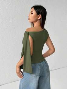 Top de hombro asimétrico con tirantes de atar de unicolor para mujer - Verde militar - Ver 2