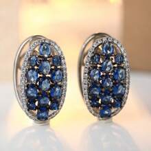 Luxury Women's Synthetic Blue Cubic Zirconia Hoop Earrings, Charming Silver Color Wedding Jewelry - Silver - View 7