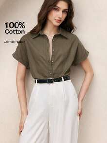 Nueva llegada Camisa casual de manga corta con botones delanteros de unicolor, adecuada para uso diario, primavera/verano - Verde militar - Ver 9