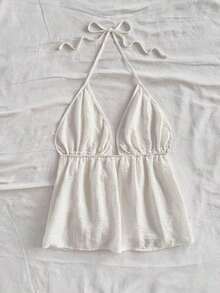 Blusa sin mangas con cuello halter y lazo en la espalda, adecuada para el verano - Blanco - Ver 8