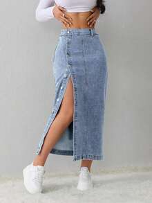 Tall Falda vaquera casual y suelta con abertura lateral, falda midi azul para mujeres altas, falda azul claro, falda azul, ropa de invierno para mujeres - Lavado ligero - Ver 7