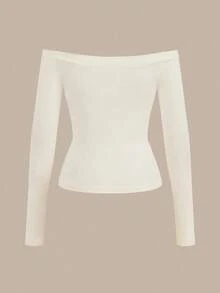 Blusa ajustada regular de manga larga con hombros descubiertos y color liso para mujer - Albaricoque - Ver 2