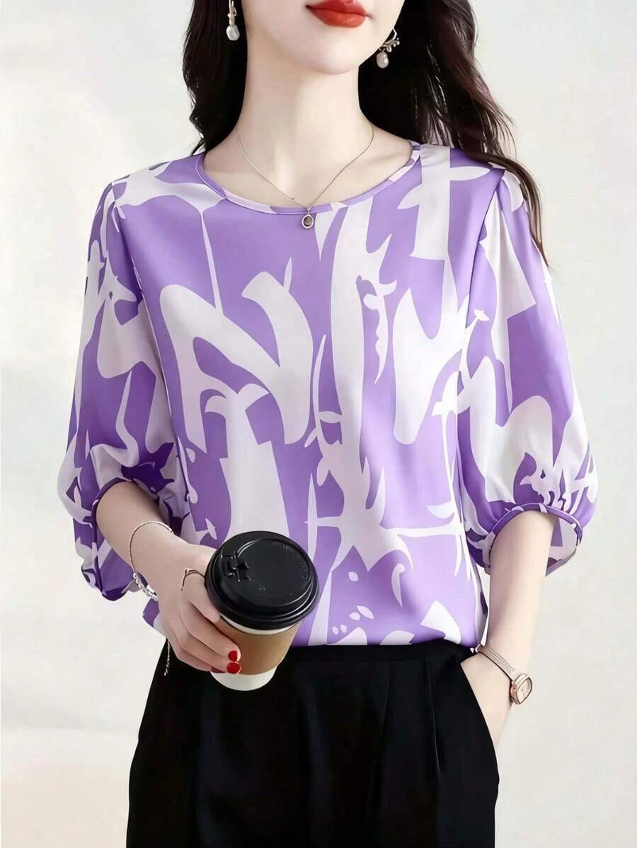 1 pieza Blusa elegante y casual minimalista de mujer con cuello redondo y manga media, con estampado, adecuada para uso diario y vacaciones, primavera/verano/otoño - Morado de taro - Ver 1