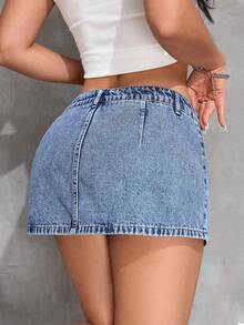 Minifalda vaquera casual con bolsillo y estampado de rayas para mujer, primavera/verano - Azul lavado medio 3 - Ver 3