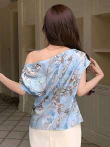 Blusa holgada con estampado floral en toda la prenda, para Año Nuevo, Vacaciones de verano, Salidas de mujeres, Pascua, Estilo bohemio - Azul 2 - Ver 3