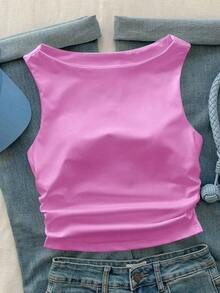 Camiseta acolchada simple de verano/primavera de color sólido - Rosa - Ver 7