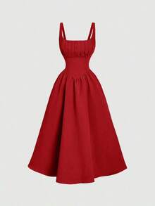 Vestido elegante de longitud media sin mangas con diseño de cintura plisada y unicolor para mujer - Rojo - Ver 9