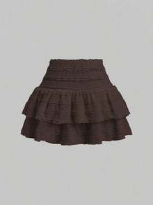 Falda mini casual y de resort Y2K con dobladillo de doble capa y ribete de volantes de unicolor - Marrón - Ver 2